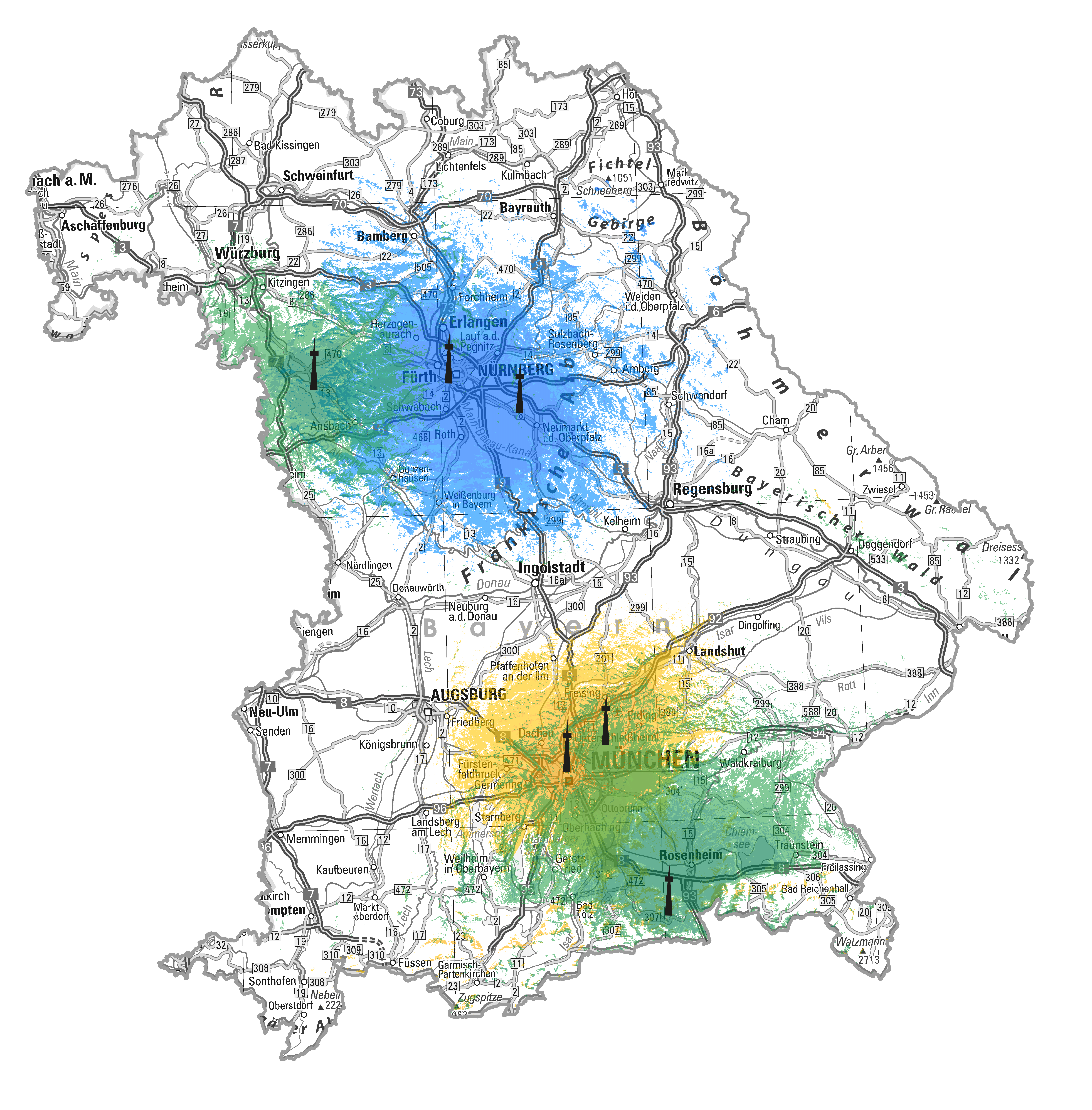 Bayernkarte mit DAB Masten und Sendegebieten der MSB Sender